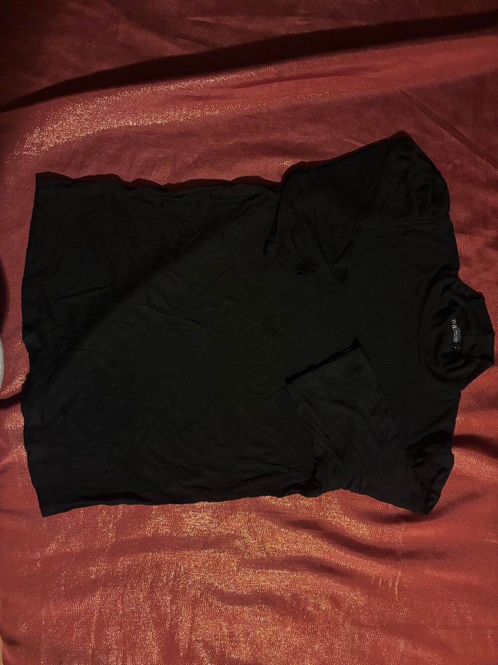 Zara Top Womens M Ribbed Turtleneck Short Sleeve Black Stretch Knit